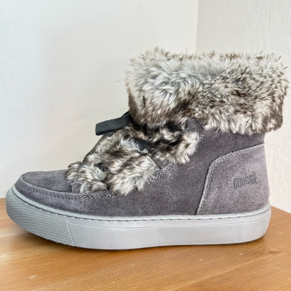 NEW COUGAR Dasha Furry Waterproof Pewter Suede Faux Fur Booties Women’s Size 6